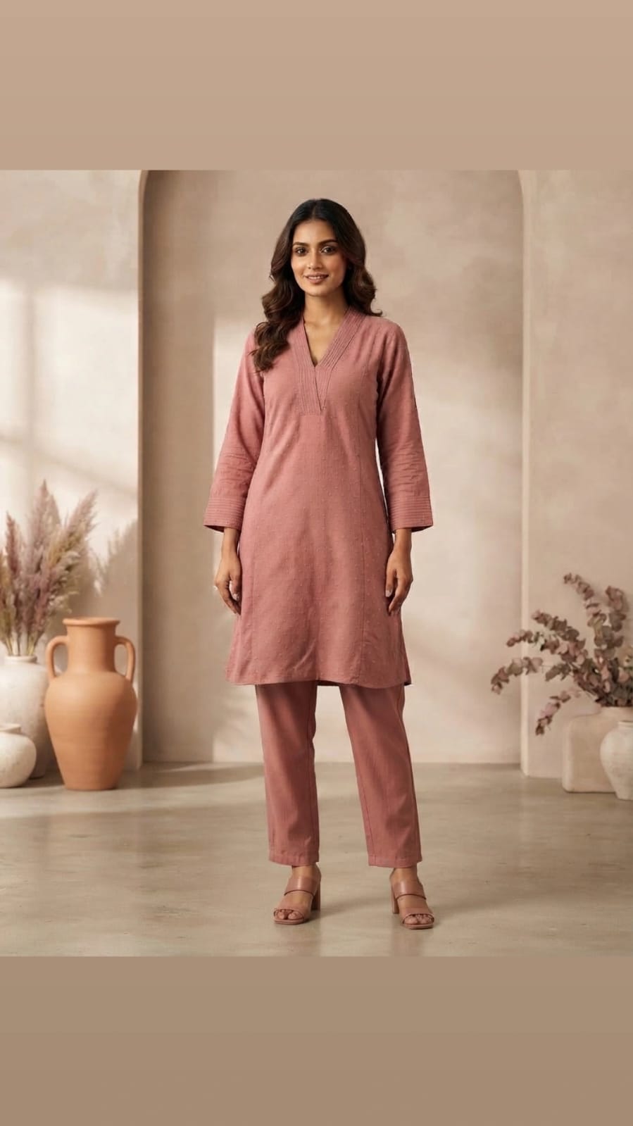 Dusty Rose V-Neck Kurta Set
